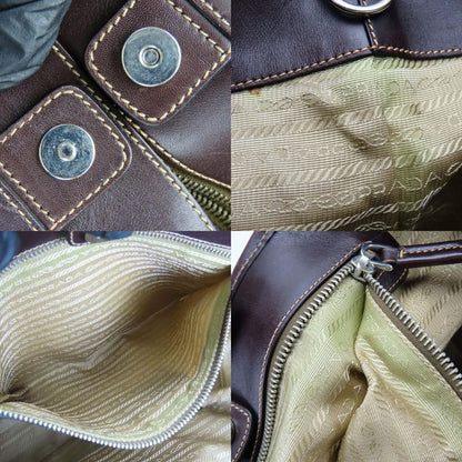 Prada Tote Canvas Leather Beige Brown Silver Hardware Logo Shoulder Casual