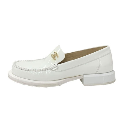 Chanel Loafer Leather Shoes Patent Leather White Gold Here Mark
