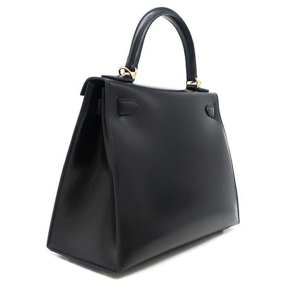 Hermes 2-Way Bag Kelly 28 Outer Stitch Box Calf Black Gold Hardware Black