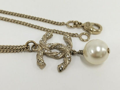 Chanel Necklace Accessories Coco Mark Faux Pearl Plated Silver B14V