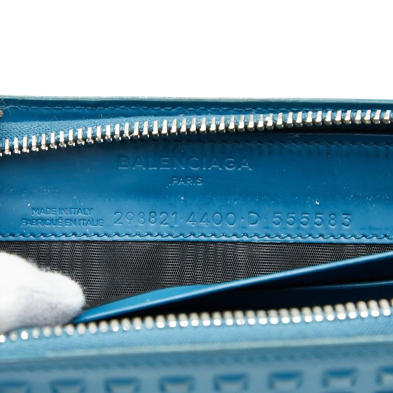 Balenciaga Grid Wallet Long Wallet Round Zipper 298821 Blue Leather Women