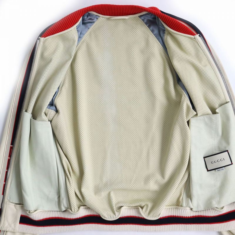 Gucci 497399 Vintage Logo Brogue Leather Zip Up Bomber