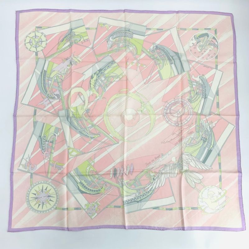Hermes Carre 90 Face Au Large Towards The Sea Pink Scarf 100% Silk