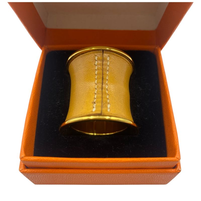 Hermes Scarf Ring Leather Gold Tube Shape Brown Gold