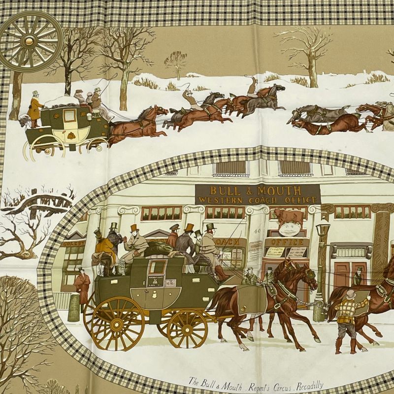 Hermes Scarf Carre 90 Lhiver EN Poste Winter Mail Coach 100% Silk Beige