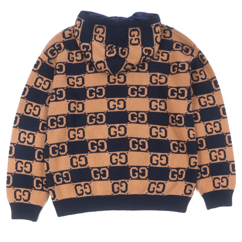  Gucci 752097 GG Cotton Jacquard Knit Pullover Hoodie Brown Navy M Made In