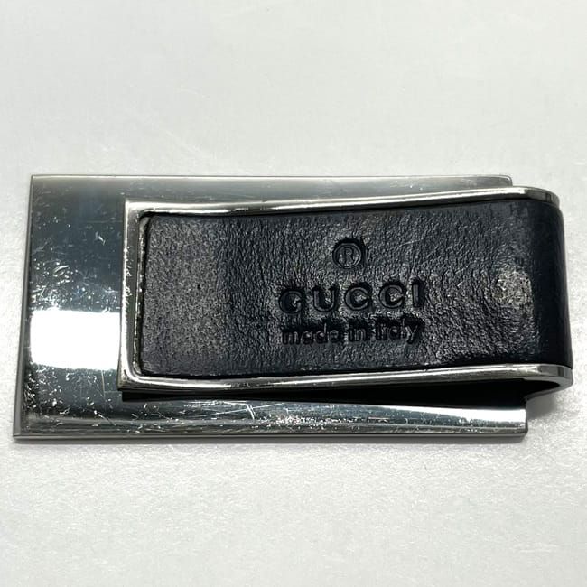 Gucci Money Clip Silver Black Excellent Condition Billfold Leather Metal