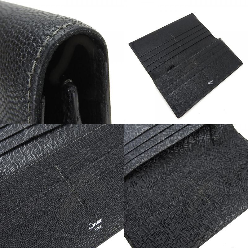 Cartier Long Wallet Santos De Leather Black Bifold Simple Small Everyday Use