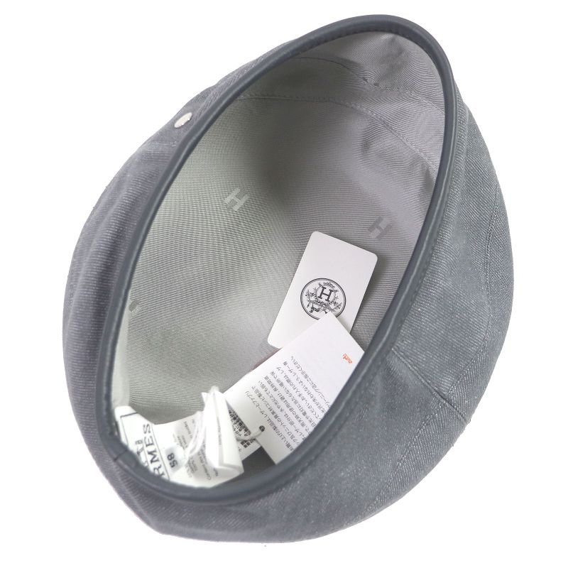 Hermes Saint Honore Serier Button Silk Blend Lining H Logo Leather Piping Beret