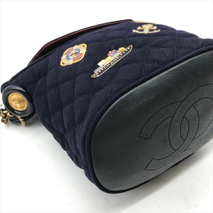 Chanel CC Logo Cotton Jersey Quilted Paris Hamburg 2-Way Chain Shoulder Bag Navy