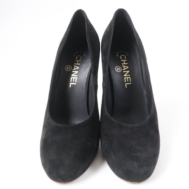 CHANEL G33546 Round Toe Suede Leather Pumps With Coco Mark Black 38 Made In