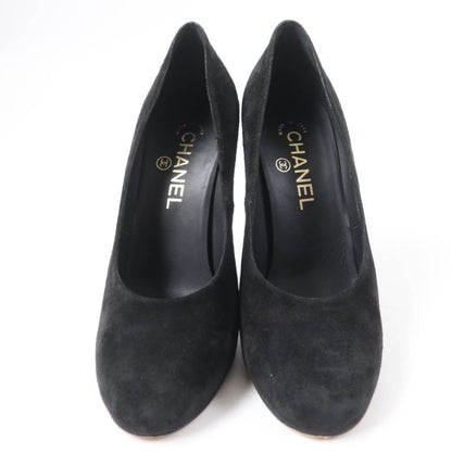 CHANEL G33546 Round Toe Suede Leather Pumps With Coco Mark Black 38 Made In
