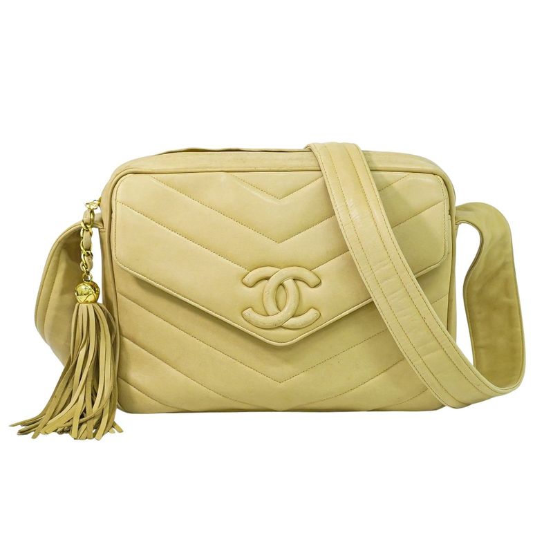 Authentic Chanel Coco Mark V Stitch Tassel Shoulder Bag Pochette Leather Beige