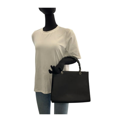 Gucci Bamboo Black Silver Hardware Leather 002 1010 Tote Bag Handbag Women