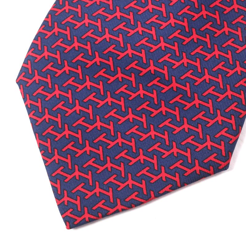 Hermes 100% Silk Marine/rouge Clavat H Motif All-over Pattern Tie Made In
