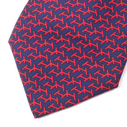 Hermes 100% Silk Marine/rouge Clavat H Motif All-over Pattern Tie Made In