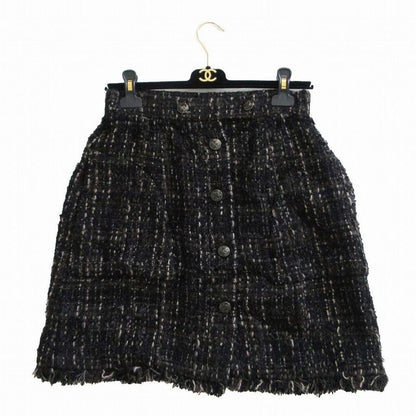 Chanel P41816v30481 Tweed Skirt Coco Mark Button Knee Length Black Size M