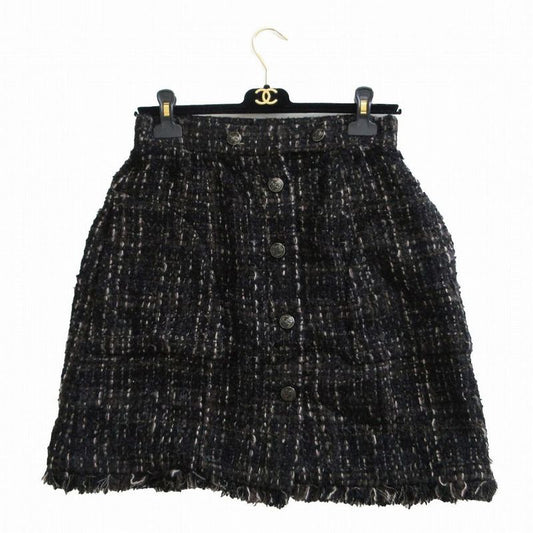 Chanel P41816v30481 Tweed Skirt Coco Mark Button Knee Length Black Size M