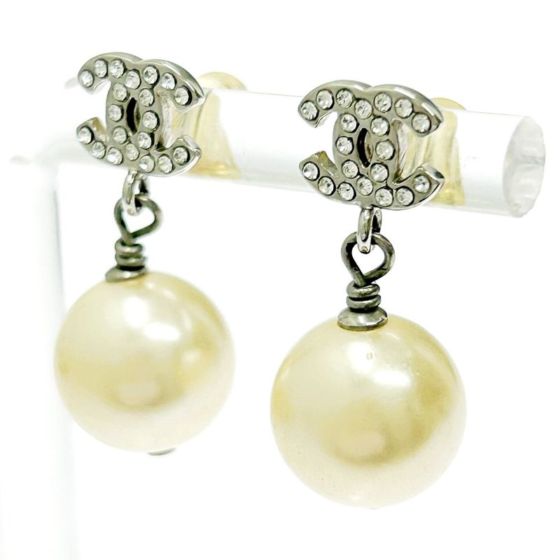 Chanel Metal Rhinestone Faux Pearl B14v Coco Mark Swing Earrings Silver 351237