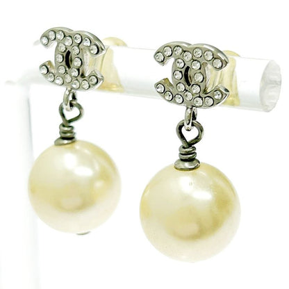 Chanel Metal Rhinestone Faux Pearl B14v Coco Mark Swing Earrings Silver 351237