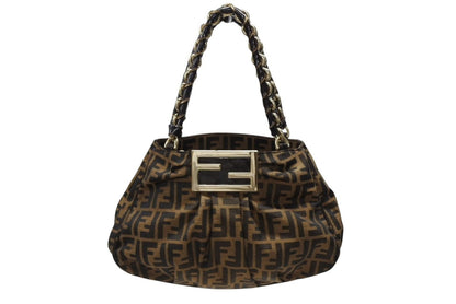 Fendi Handbag Zucca Pattern Canvas Leather Brown Black Gold