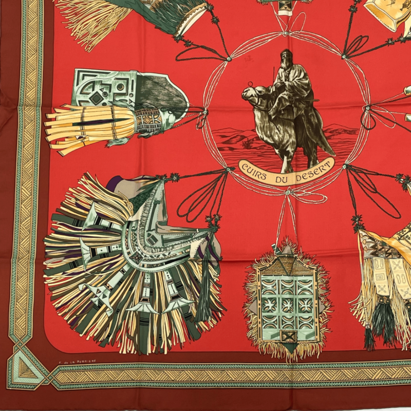 Hermes Carre 90 Hermes Cuirs DU Desert Leather Decorated Silk Scarf Red