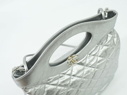 Authentic Chanel 31 Coco Mark 2WAY Chain Shoulder Bag Handbag Leather Silver