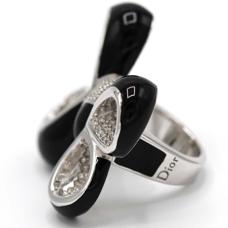 Christian DIOR Ring Rhinestone Ribbon #11.5 Black Silver Color Approx 33.6g