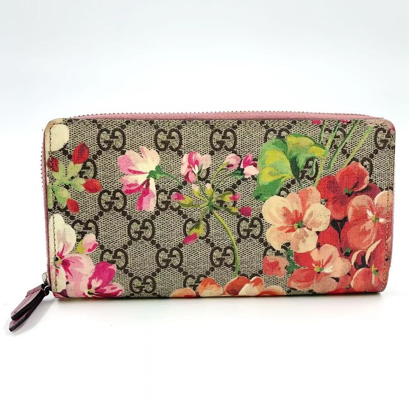 Gucci GG Blooms Round Zipper Leather X PVC Beige Wallet Silver
