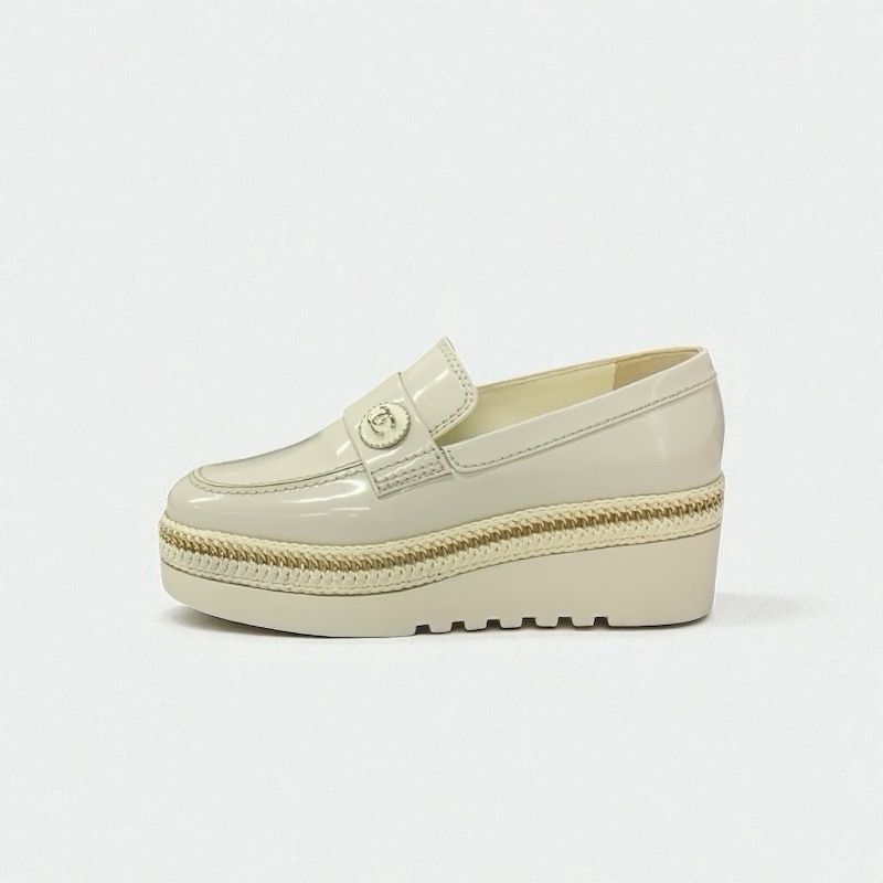 Chanel Loafer Leather Shoes Patent Leather White Gold Here Mark Thick Sole