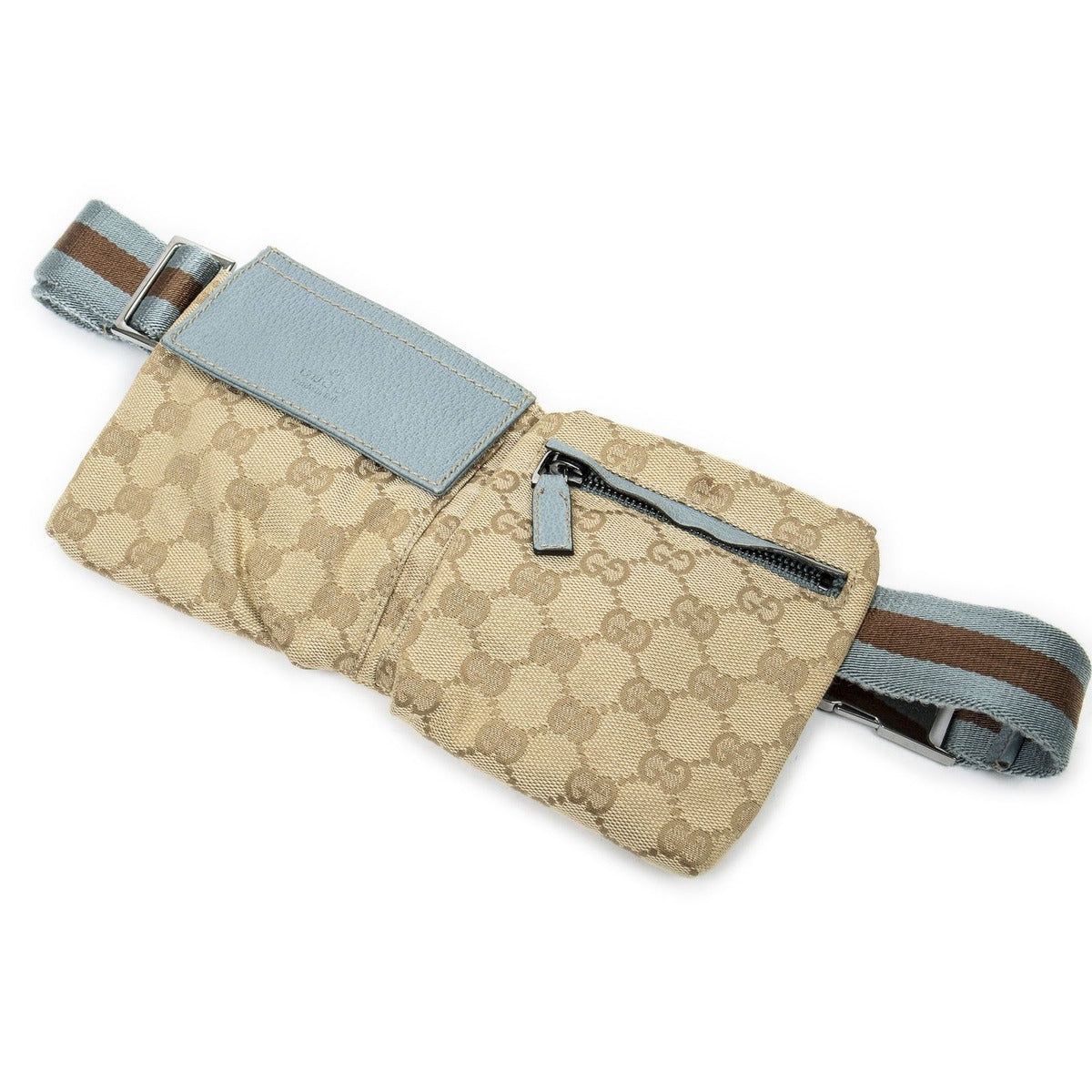 Gucci Web Mini Waist Pouch Beige Light Blue GG Canvas