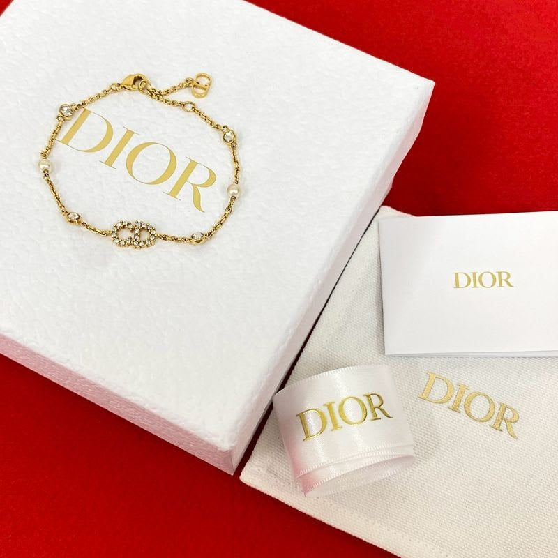 Christian Dior CD Logo GP Rhinestone Faux Pearl Bracelet Gold 04991