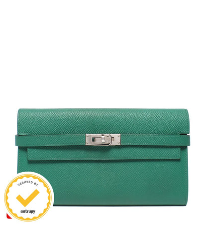 Hermes Wallet Silver Veau Epsom Vert Jade Kelly Long