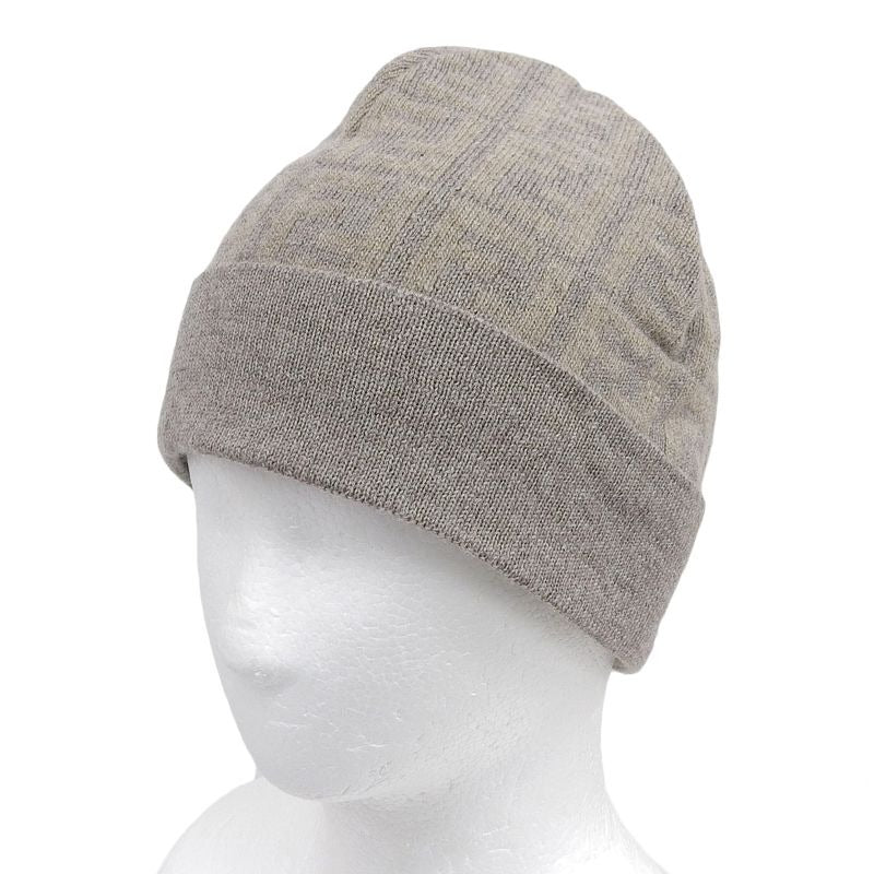 Fendi Wool Cashmere Blend Zucca Pattern Beanie Knit Cap Brown Beige TU