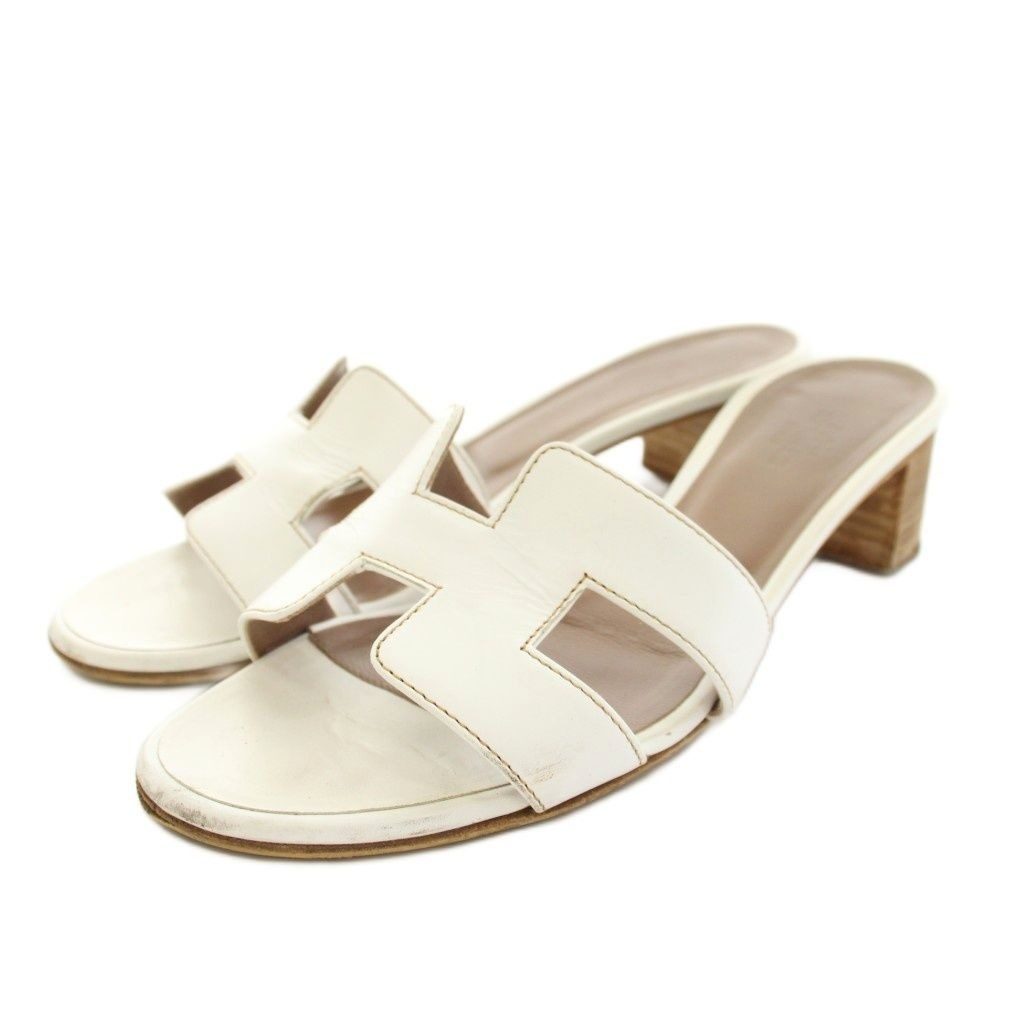Hermes Oasis Sandals Mule Chunky Heel Leather Vibram Sole 35.5 White YT
