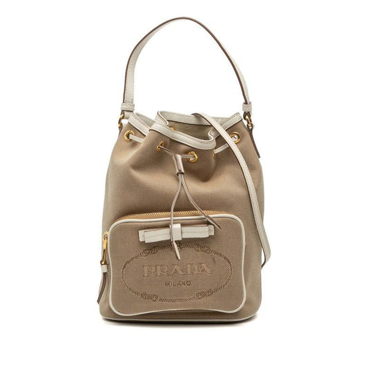 Prada Logo Jacquard 2-Way Shoulder Bag Drawstring Beige White Canvas Leather