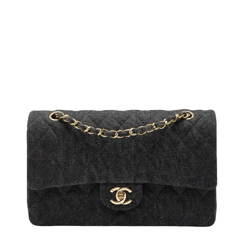 Chanel Quilted 25 Double Flap Chain Shoulder Bag Black Denim
