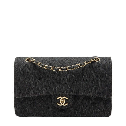 Chanel Quilted 25 Double Flap Chain Shoulder Bag Black Denim