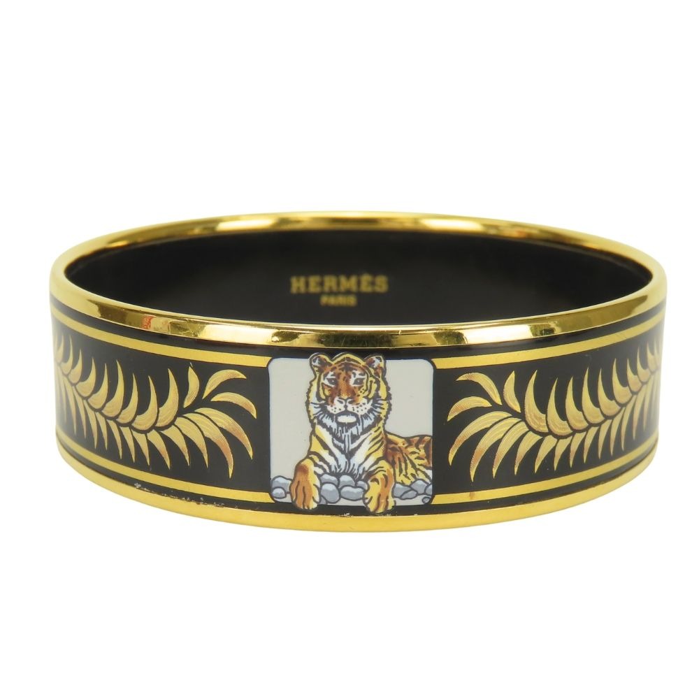 Hermes Bangle Enamel GM Metal Black Gold Cloisonne Tiger Bracelet