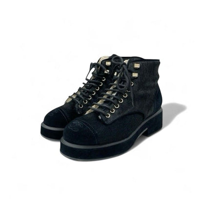 Chanel Boots Short Shoes Haraco Suede Shearling Black Coco Mark Ankle