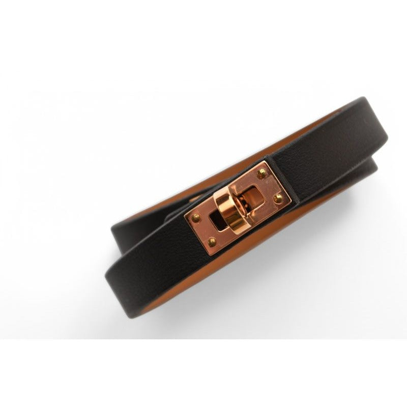 Hermes Bangle Bracelet Kelly Leather Dubretour Black Pink Gold T2 — view 4
