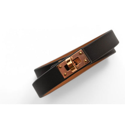 Hermes Bangle Bracelet Kelly Leather Dubretour Black Pink Gold T2 — view 4