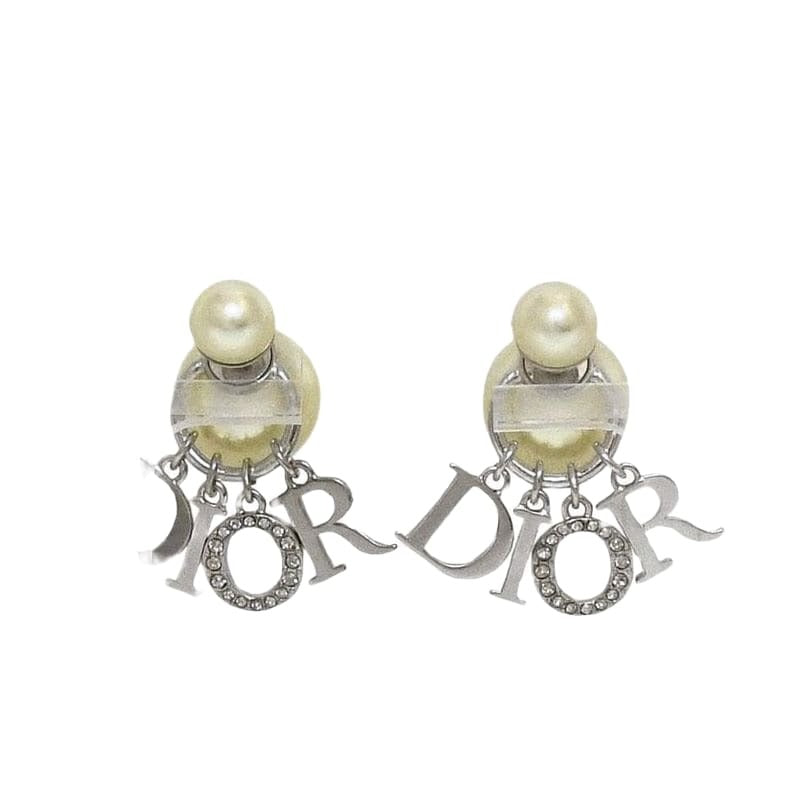 Christian Dior Earrings Logo Silver Pearl White
