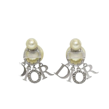 Christian Dior Earrings Logo Silver Pearl White