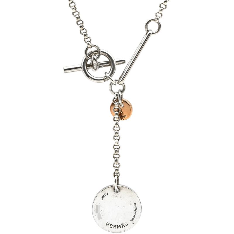 Hermes Necklace Exlibris Pendant PM 18k Pink Gold Silver 925 Silver and Pink