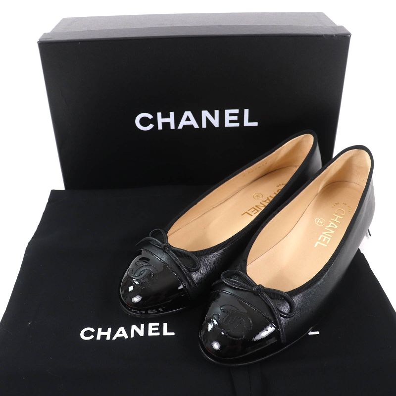 CHANEL G02819 Ballerina Coco Mark Ribbon Patent Leather Use Leather Flat Shoes
