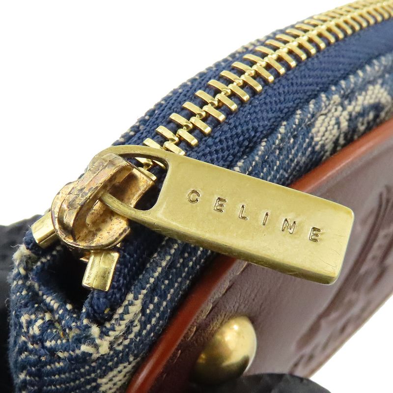 Celine Coin Case Macadam Denim Leather Blue Brown Gold Hardware Key Ring Small