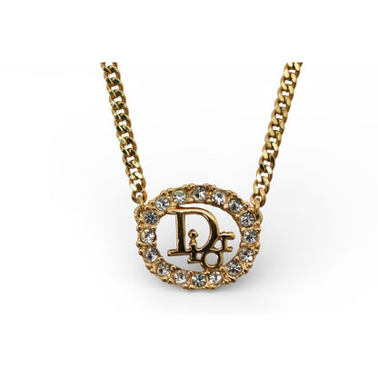 Dior Christian Necklace Vintage Logo Rhinestone Gold