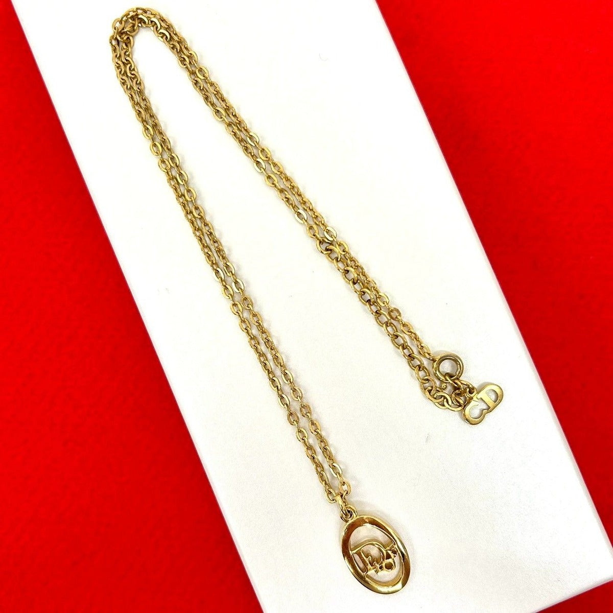 Dior Christian Logo Motif Chain Necklace Pendant Gold