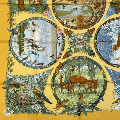 Hermes Carre 90 Les Quatre Saisons Four Seasons Silk Scarf Yellow